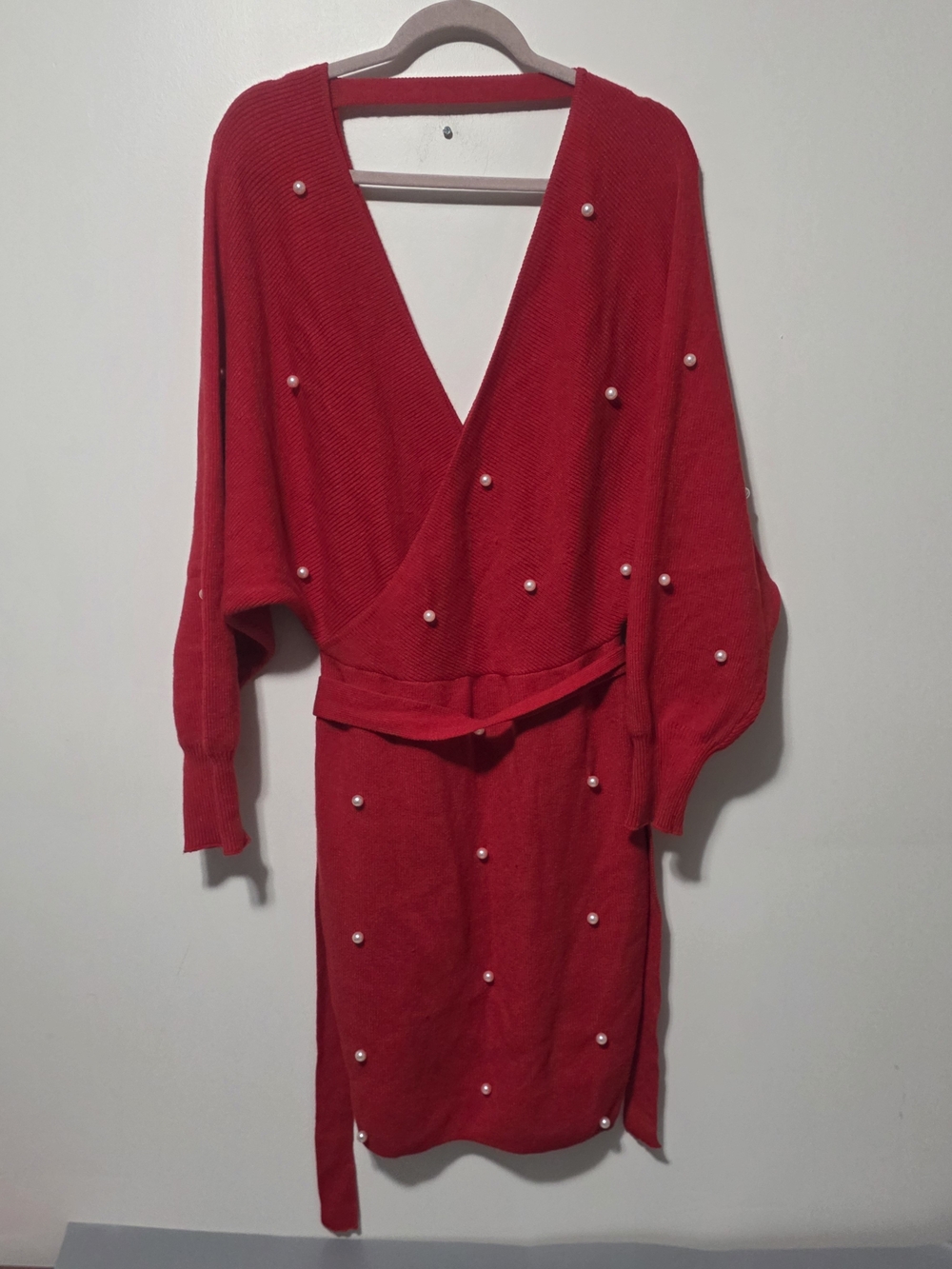 J. Jill Red Pearl-Accent Wrap Midi Dress. Size 1X/2X/3X